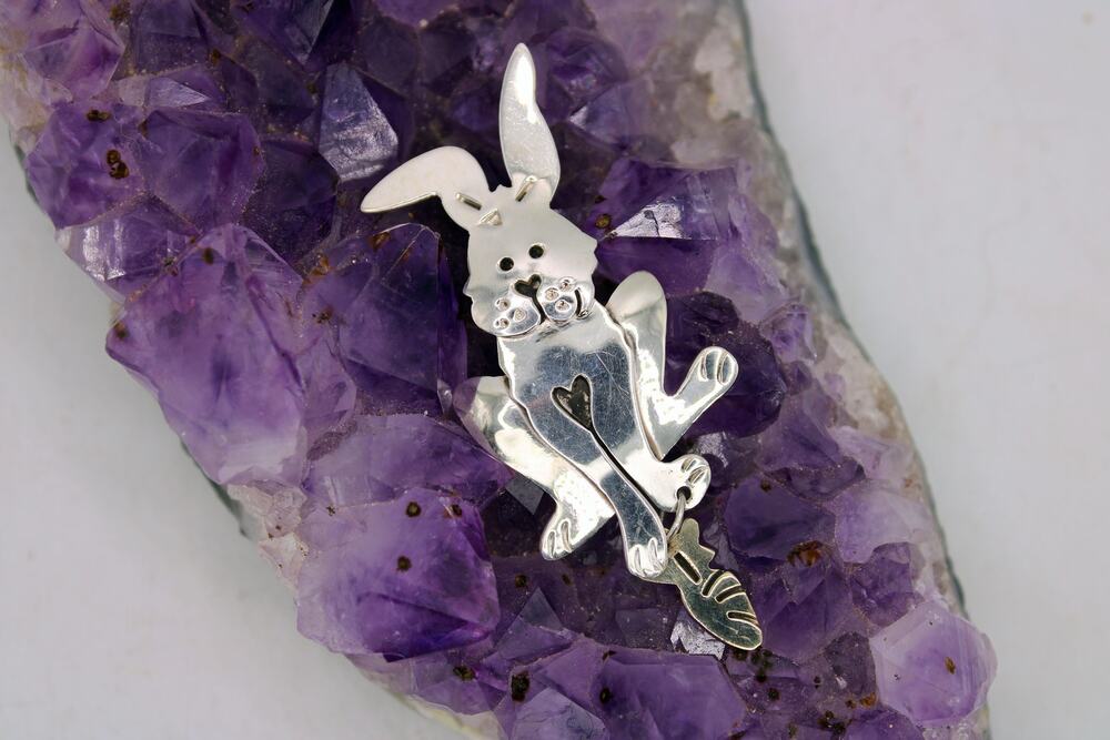 Far Fetched Sterling Silver and Brass Mixed Whimsical Rabbit Brooch
